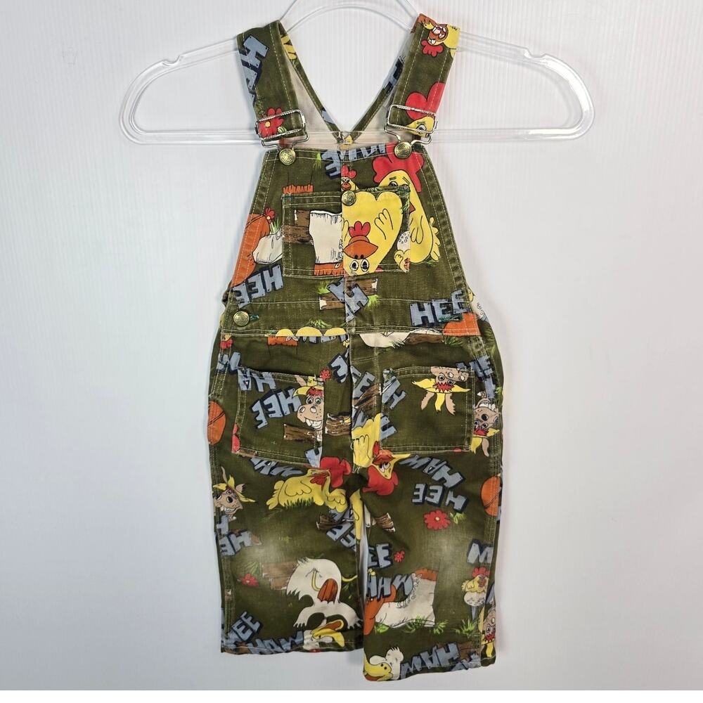 Vintage Hee Haw Kids Overalls Olive Green Farm Print Donkey Chicken Cartoon